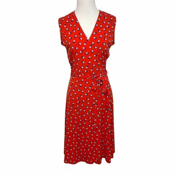 Leota Red Faux Wrap Jersey Dress w/ Blue Polka Dots Size Medium (J6) - Picture 1 of 9
